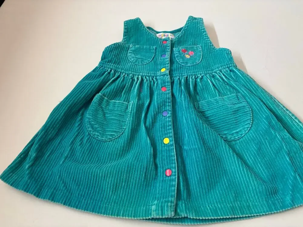 Vintage Gymboree Teal Corduroy Jumper Dress Rainbow Snap Medium Kidcore